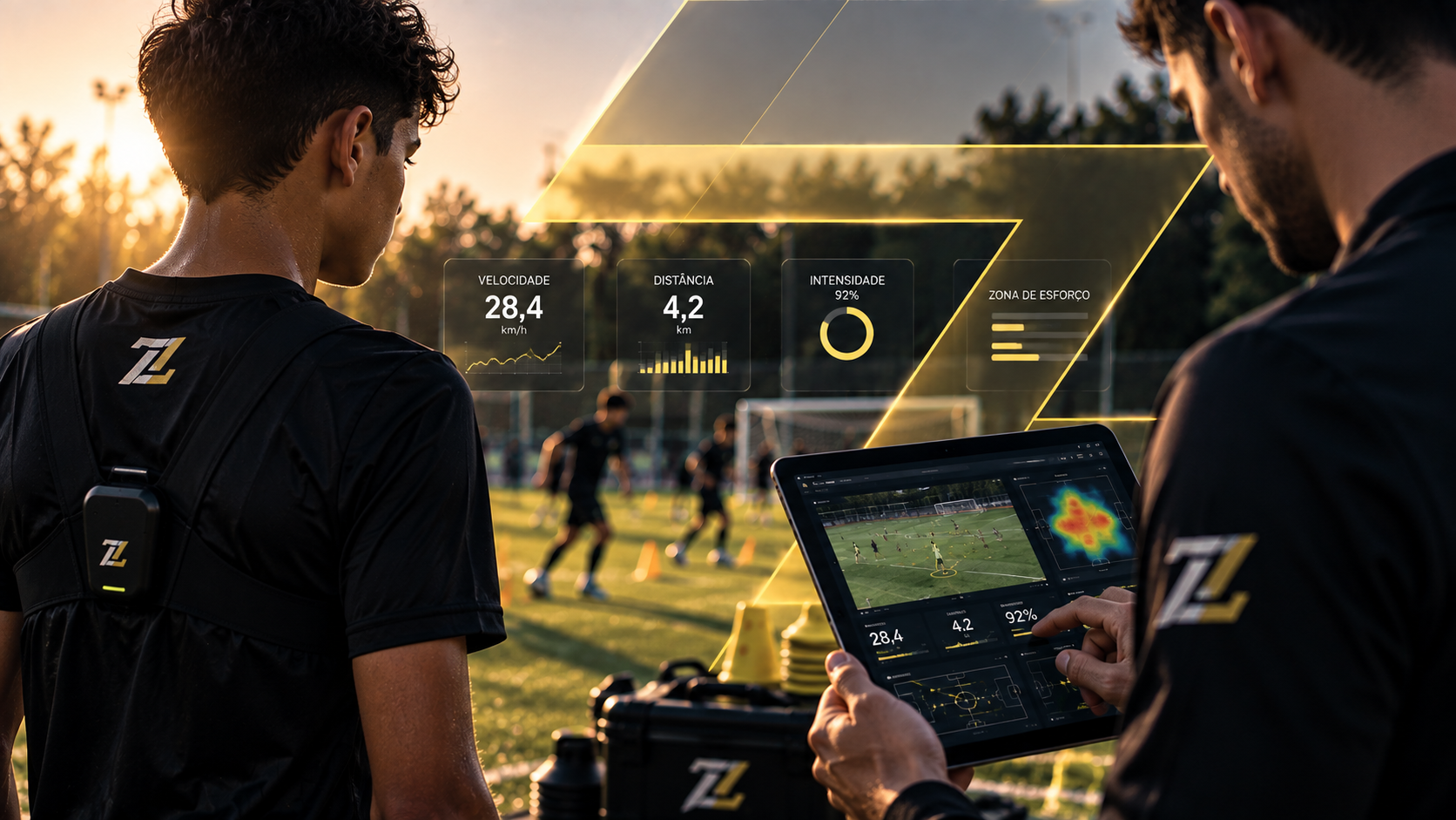 Atleta e profissional acompanhando dados de desempenho em um tablet
