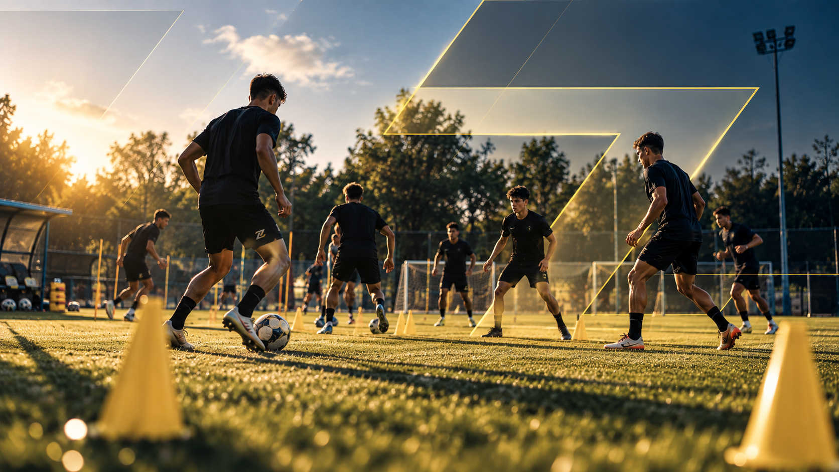 Grupo de atletas participando de um treinamento de futebol no campo
