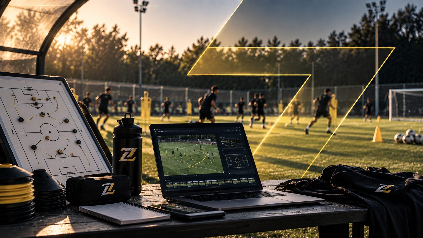 Prancheta tática e computador com análise profissional de futebol